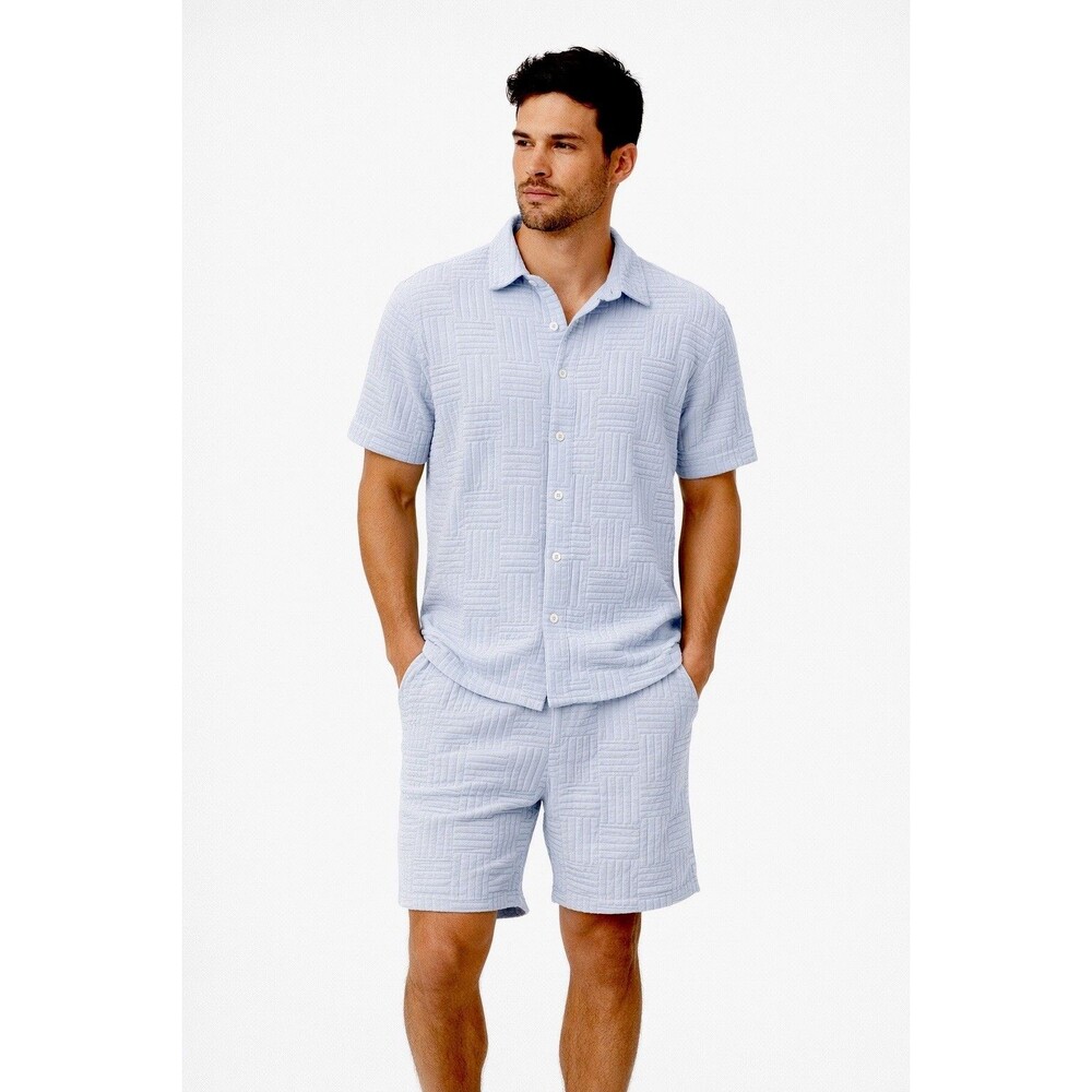 Mens Blue Terry Cloth Matching Set Shirt Shorts Summer Resort Large Vacation